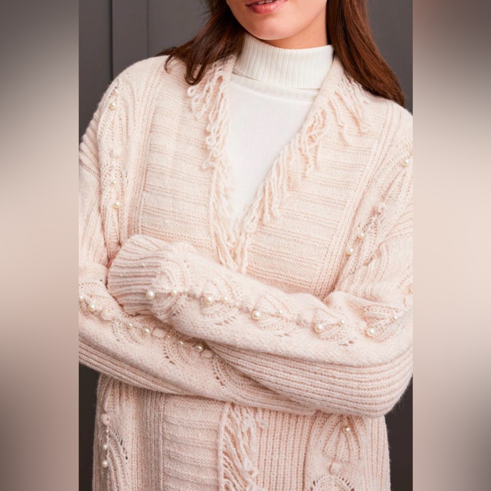 TRIBAL Cardigan with Fringe and Pearls - Size Large